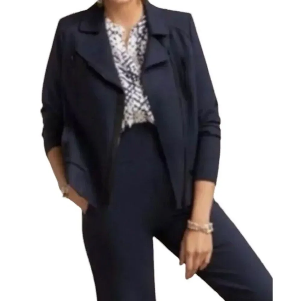 CAbi Women #5476 Chance Moto Bomber Jacket Sz L  Navy Full Zip Tow Tone Fabric